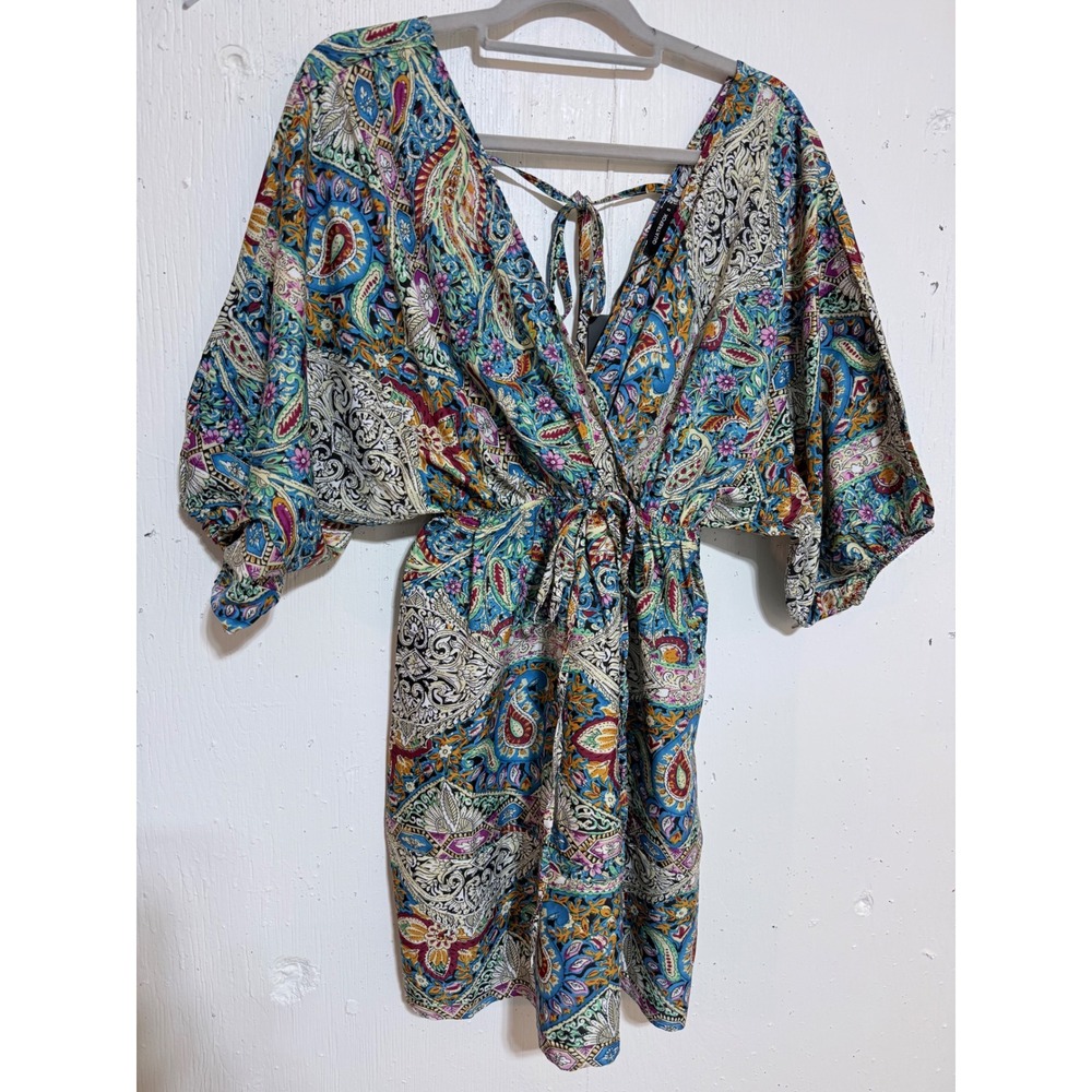 Quatrefox Womens Paisley Floral Mini Dress Blue Multi V-Neck Boho Kimono Beach